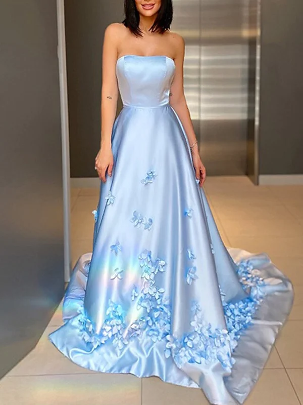 Seasonal Women’s Fashion Trends Strapless Light Blue Satin Floral Long Prom Dresses, Light Blue Formal Dresses with 3D Flowers, Light Blue Evening Dresses SP2190