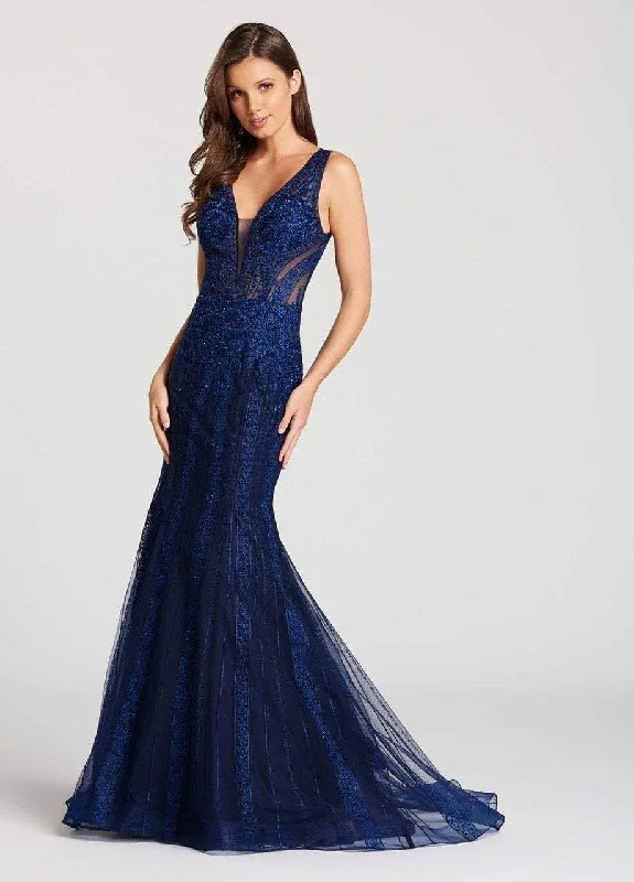 Relaxed Style Ellie Wilde Embellished Illusion Bodice Sheath Gown - 1 pc Navy In Size 8 Available