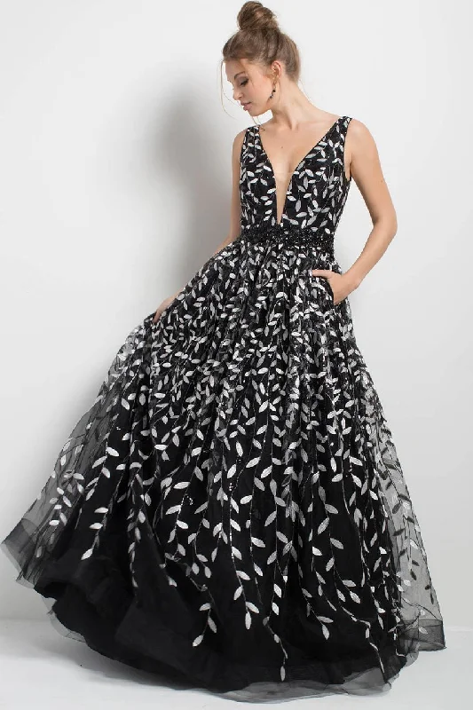 Must-Have Styles Jovani Trailing Embroidery Tulle Gown 55704 - 1 pc Black In Size 8 Available