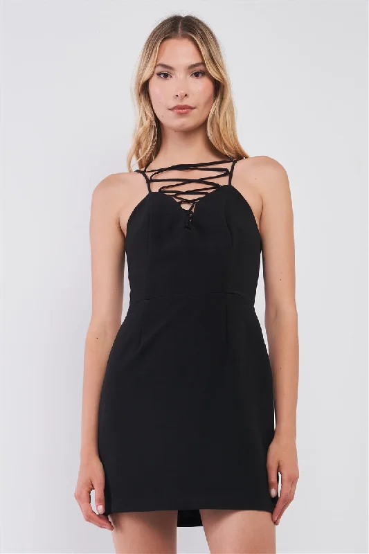 Flash Sale Starts Black Slim Fit Sleeveless V-neck Front Corset Inspired Tie-up Detail Cocktail Mini Dress