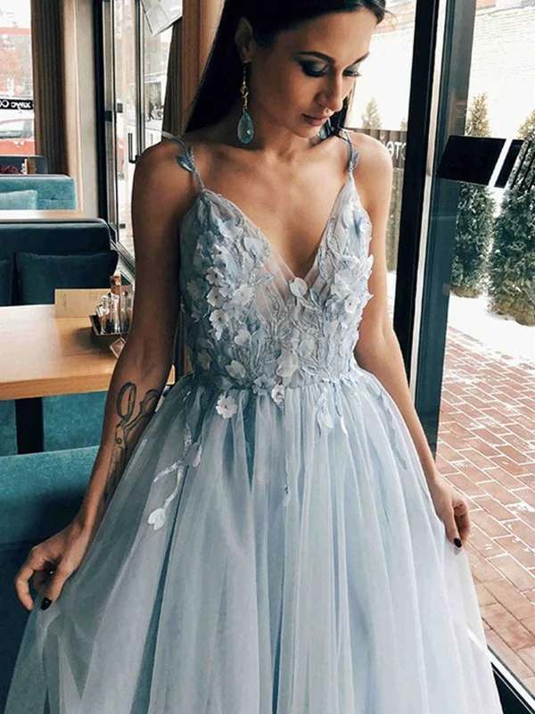 Women’s Stylish Outerwear V Neck Open Back Light Blue Floral Long Prom Dresses, V Neck Light Blue Formal Evening Dresses with Flowers SP2183