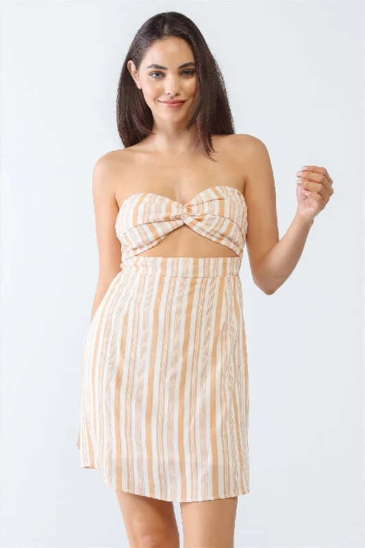 Special Offers, Don't Miss White & Apricot Stripe Print Strapless Twist Cut-out Smocked Back Mini Dress