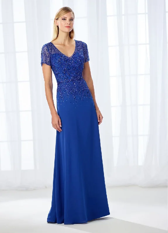 Chic & Cozy Apparel Mon Cheri V-Neck Short Sleeves Bejeweled Evening Gown 118685 - 1 pc Royal Blue In Size 14 Available