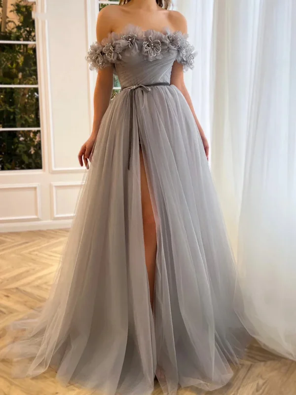 Timeless Women’s Fashion Styles Off Shoulder Gray Tulle Floral Long Prom Dresses with High Slit, Grey Tulle Formal Dresses, Off the Shoulder Gray Evening Dresses SP2579