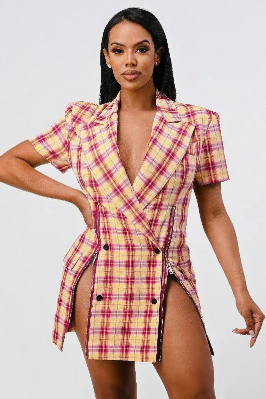 Limited Edition Wide Collared Double Breasted Plaid Blazer Mini Dress