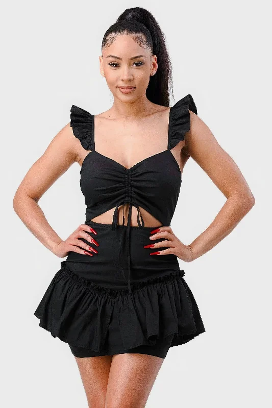 Dive Into Trendy Styles Sweetheart With Drawstring Bow Cutout Ruffled Flutter Sleeves Mini Dress