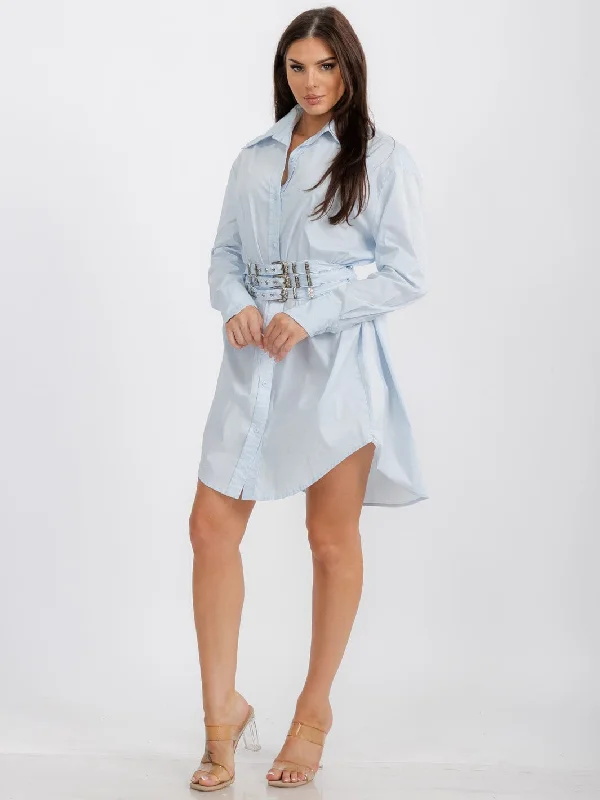 Premium Fashion WOMEN'S LONG SLEEVE BUTTON UP FRONT BELT TUNIC MINI DRESS