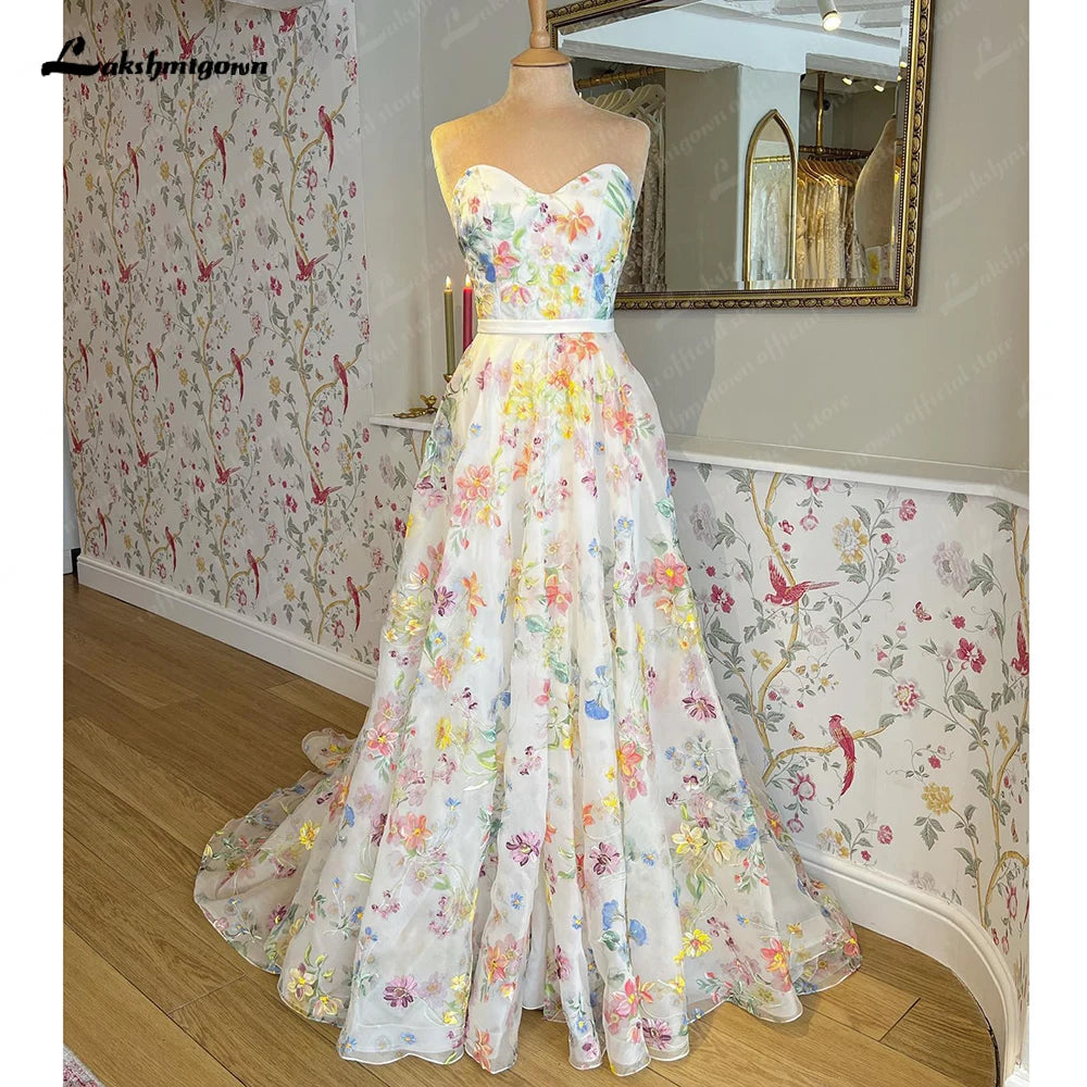 Modern Women’s Apparel Roycebridal Print Flower Wedding Dress with Detachable Puff Sleeve Sweetheart Off the Shoulder Boho Bridal Gowns estido de noiva