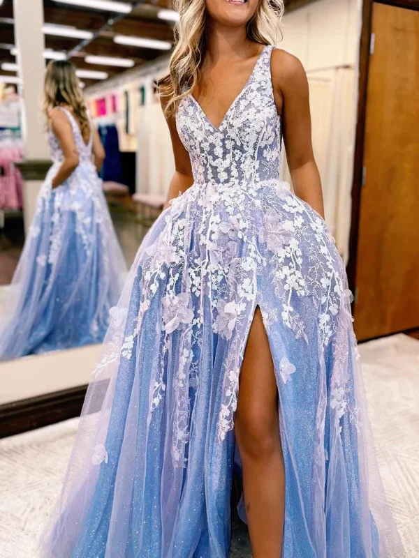 High Street Women’s Fashion for Trendy Shoppers Shiny V Neck Blue Tulle White Lace Floral Long Prom Dresses with High Slit, Blue Formal Evening Dresses with White Appliques SP2572