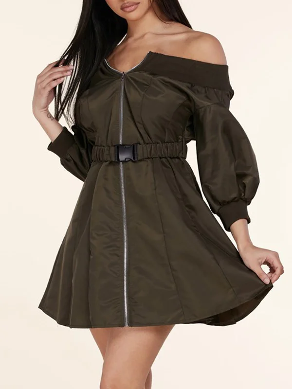 Effortless Chic Apparel WOMEN'S OFF SHOULDER LONG SLEEVE ZIP UP BELTED MINI DRESS