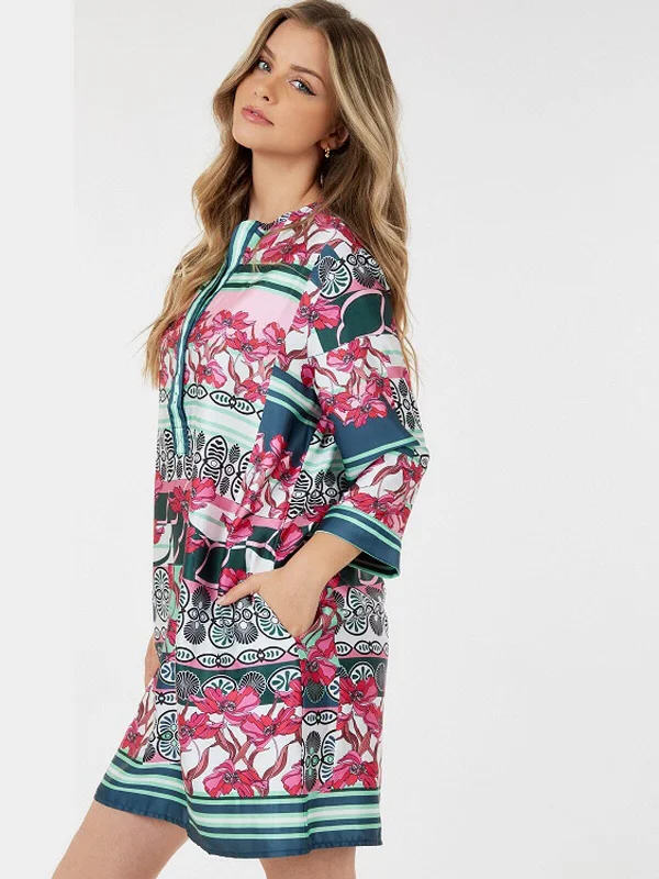 Chic Style, Always In Vogue WOMEN'S LONG SLEEVE V-NECK POCKETS MULTI PRINT MINI DRESS