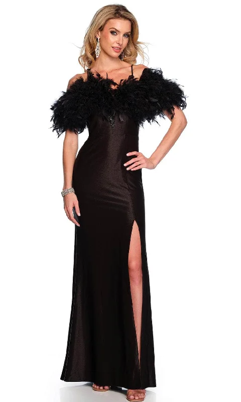 Unleash Your Fashion Dave & Johnny 11436 - Cold Shoulder Feather Detailed Prom Gown