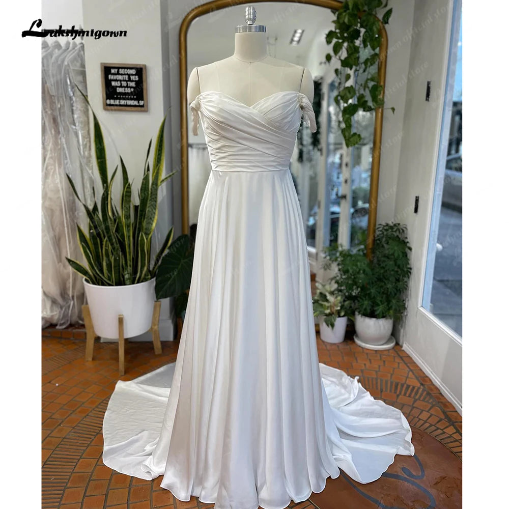 Don't Miss Out Roycebridal Off Shoulder Soft Satin Pleats Boho Wedding Dress for Women Off White Beach Wedding Reception Dress for Bride