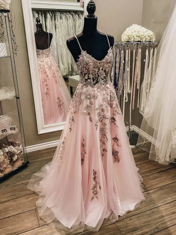 Women’s Clothing for Every Season and Trend A Line V Neck Backless Pink Lace Floral Long Prom Dresses, Long Pink Lace Formal Graduation Evening Dresses