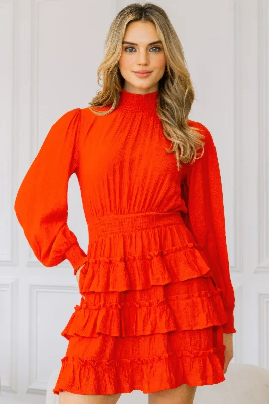 Trend Forward Threads For Her Long Sleeve Smocked Neck Tiered Ruffle Mini Dress