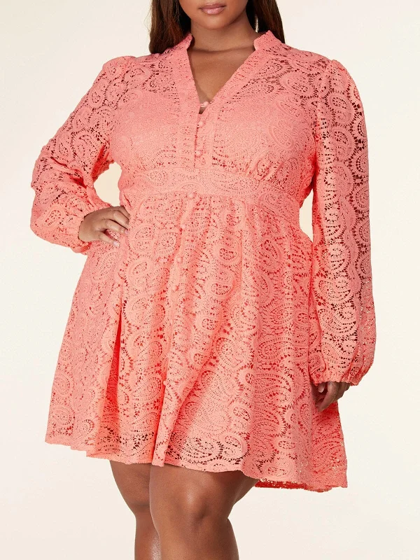 Stylish Basics PLUS SIZE LONG SLEEVE LACE V-NECK FIT & FLARE MINI DRESS