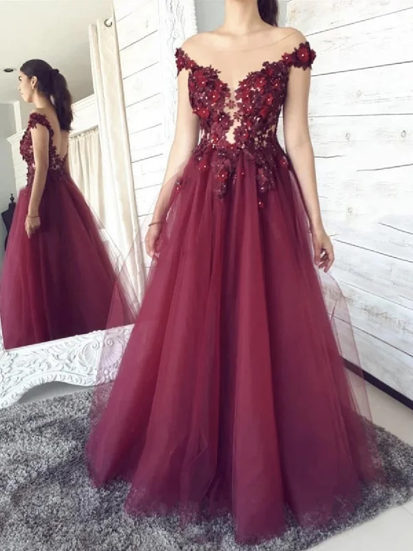 Women’s Evening Wear Round Neck Backless Burgundy Floral Lace Long Prom Dresses, Floral Burgundy Lace Formal Graduation Evening Dresses