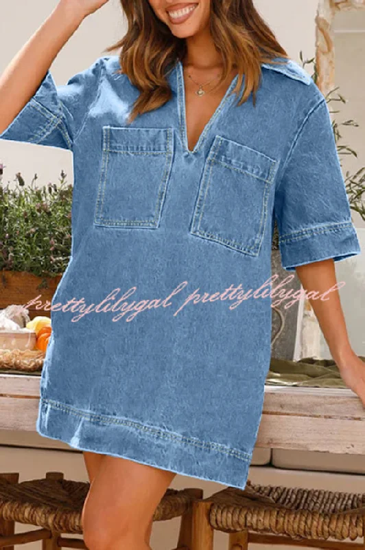 Women’s Street Style Casual Wear Tara V Neck Pocket Half Sleeve Denim Mini Dress