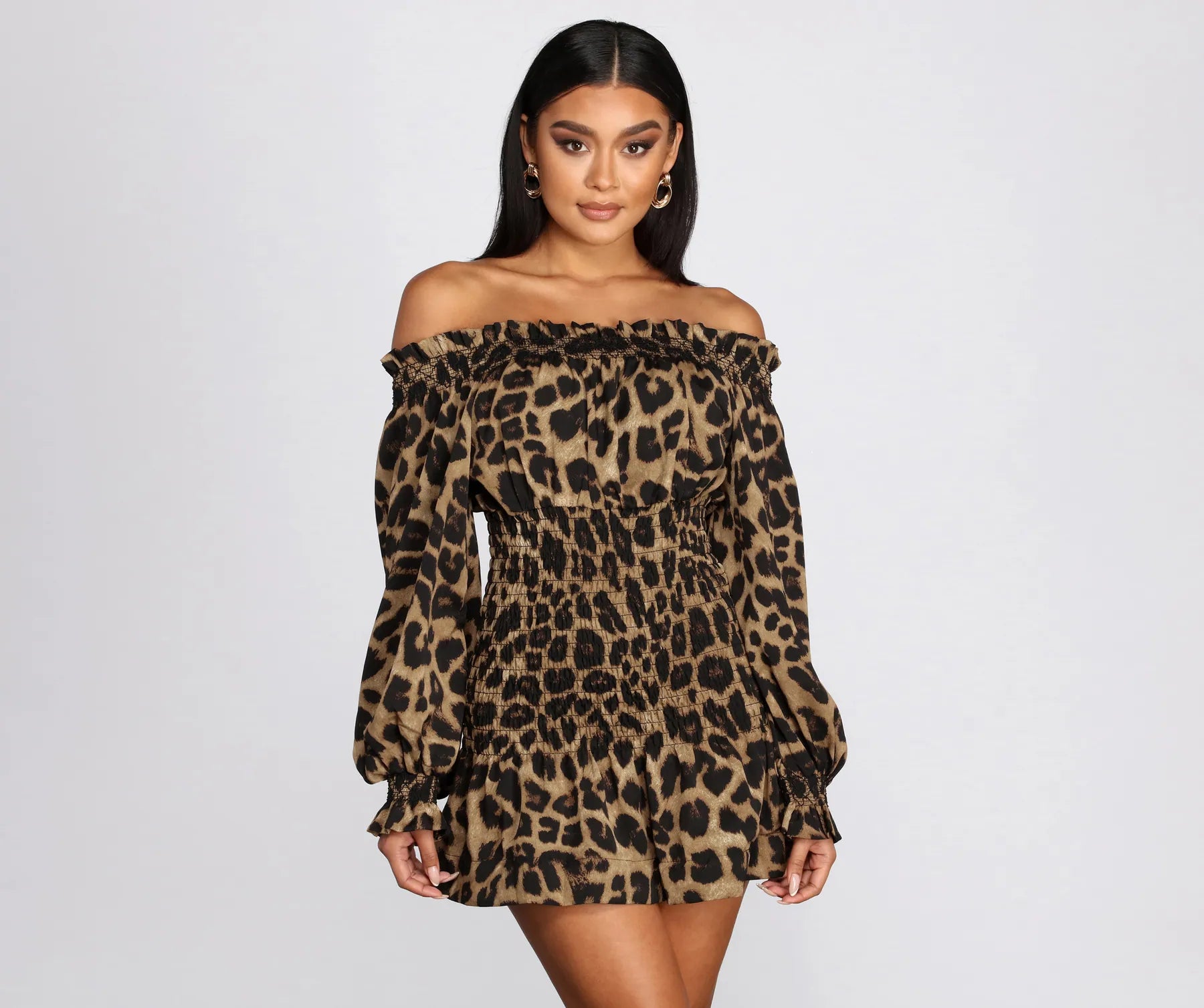 Trendy Women's Wear Cool Cat Leopard Off Shoulder Mini Dress