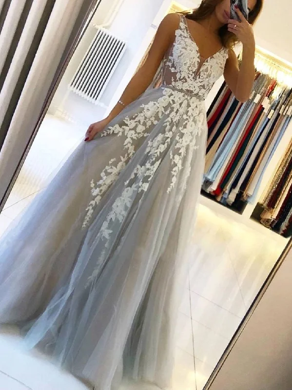 Fashion-forward Women’s Clothing Grey Tulle V Neck White Lace Floral Long Prom Dresses, Long Grey Lace Formal Graduation Evening Dresses