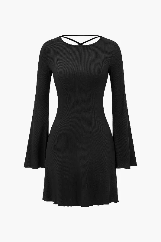 Flash Sale Or Flash Sales Bell Sleeve Back Lace Up Detail Mini Dress