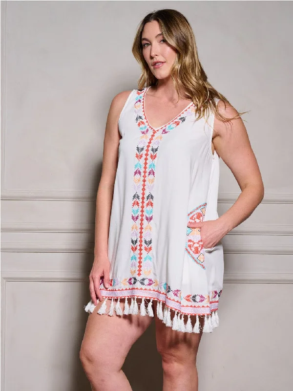 Elegant Attire For The Modern Lady PLUS SIZE SLEEVELESS V-NECK POCKETS EMBROIDERY DETAILED TUNIC MINI DRESS