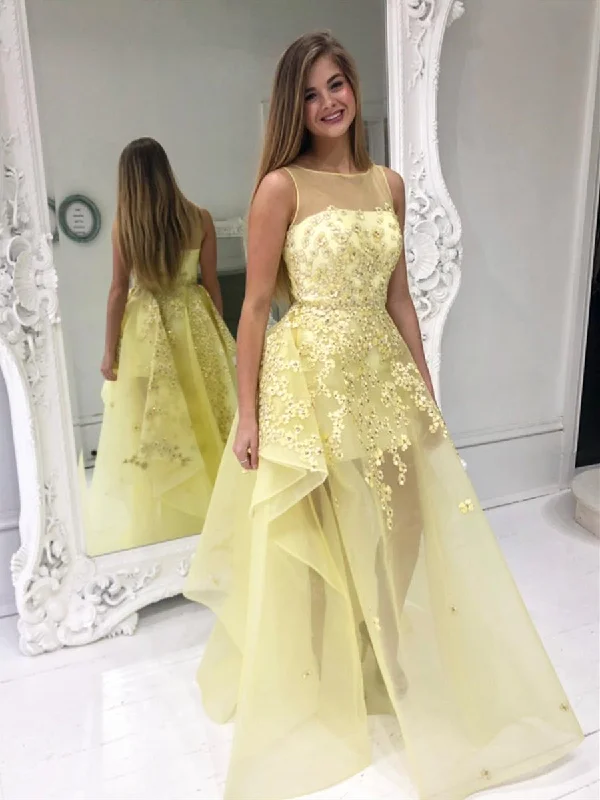 Workwear Fashion for Women Stylish Round Neck Yellow Lace Floral Prom Dresses, Yellow Lace Formal Graduation Evening Dresses