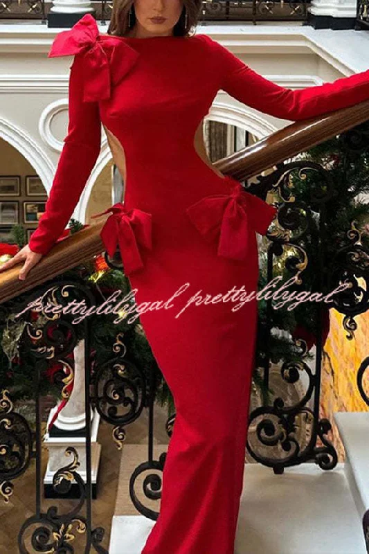 Flash Sale Or Flash Sales Lovely Bow Cutout Button Back Zipper Long Sleeve Maxi Dress