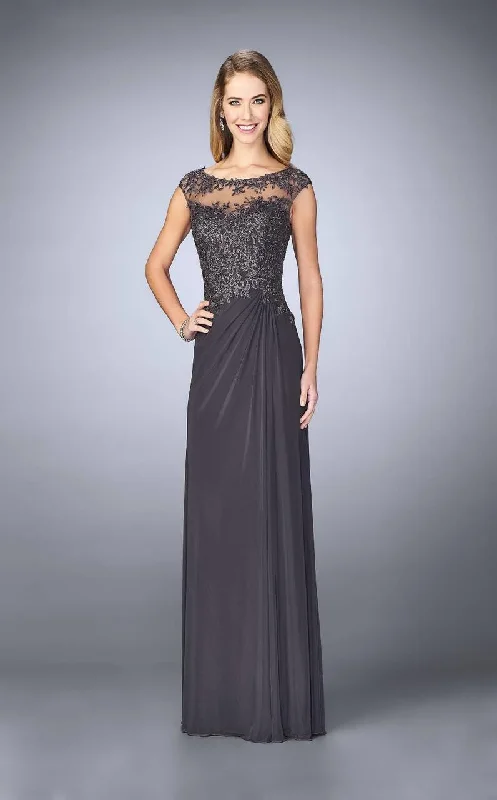 Sophisticated Style La Femme 23456 Cap Sleeve Illusion Appliqued Draping Gown