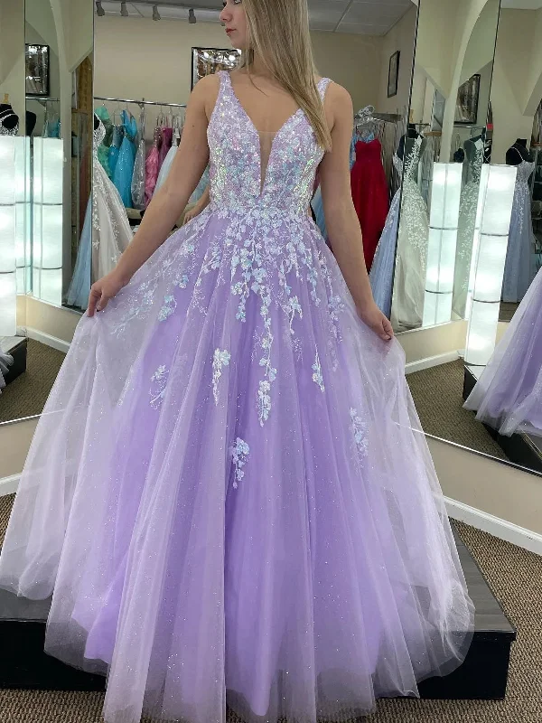 Latest Fashion for Women V Neck Open Back Purple Tulle Long Prom Dresses with Lace Appliques, Purple Lace Floral Long Formal Dresses, Purple Evening Dresses SP2598