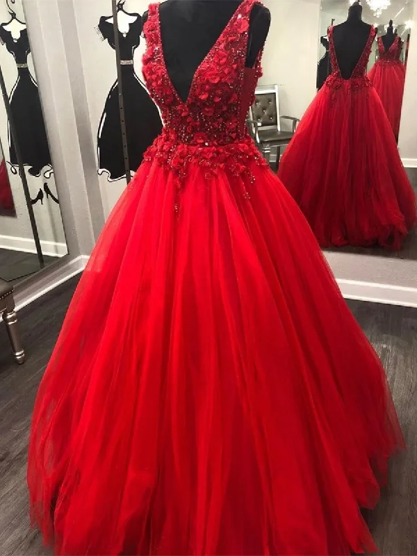 Fashionable Dresses for Women V Neck and V Back Beading Red Lace Floral Long Prom Dresses, Open Back Red Formal Dresses, Gorgeous Red Evening Dresses