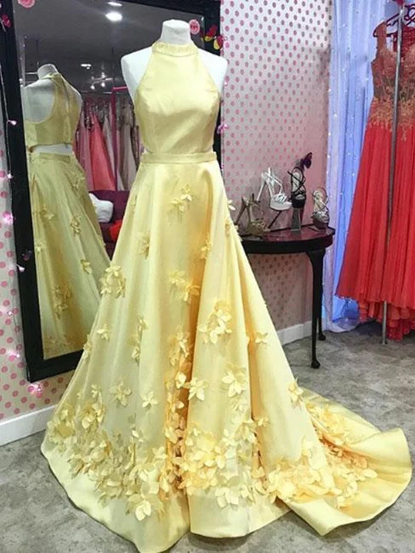 Women’s Clothing for Every Occasion A Line Round Neck Yellow Floral Long Prom Dresses, 3D Flowers Yellow Formal Evening Dresses