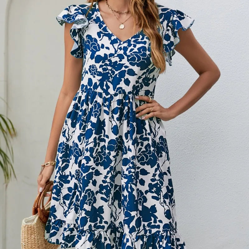 Limited Edition Skinny Floral Prints Summer Women's 2024 New Leaf Short Flying Sleeve Mini Dress