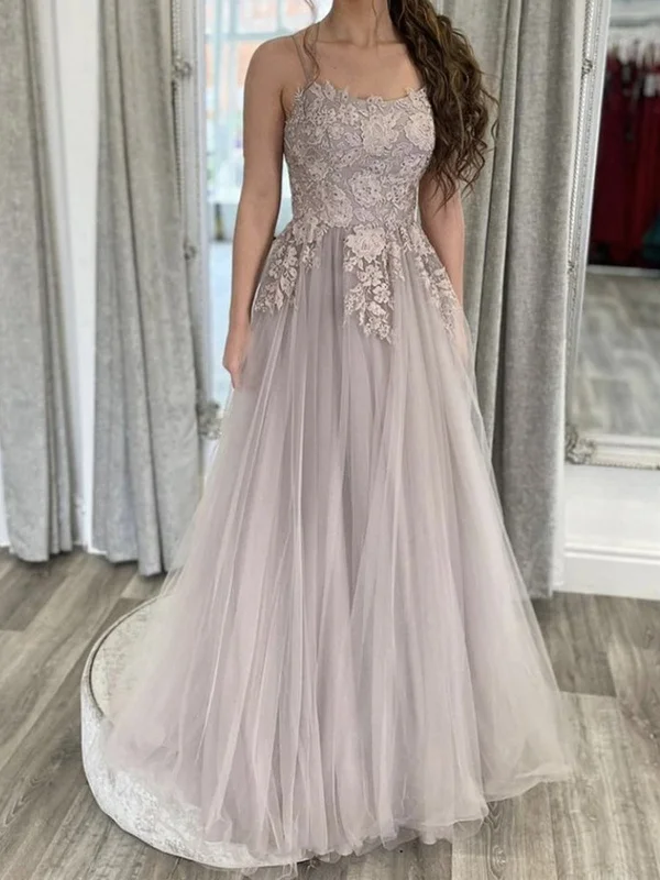 Trendy Women’s Apparel A Line Open Back Thin Strap Gray Lace Long Prom Dresses, Gray Lace Floral Formal Evening Dresses