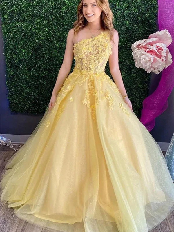 Versatile Women’s Fashion One Shoulder Yellow Lace Floral Long Prom Dresses, Yellow Tulle Lace Formal Dresses, Yellow Evening Dresses SP2284