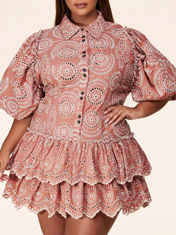 Wardrobe Upgrade PLUS SIZE SHORT PUFF SLEEVE RUFFLE EYELET MINI DRESS