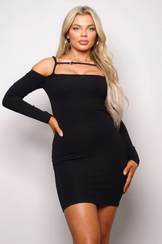 The Latest Trends Long Sleeve Cuff Front Strap Mini Dress