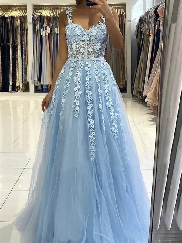 Chic Women’s Clothing Online Long Light Blue Lace Floral Prom Dresses with Straps, Light Blue Lace Formal Graduation Evening Dresses