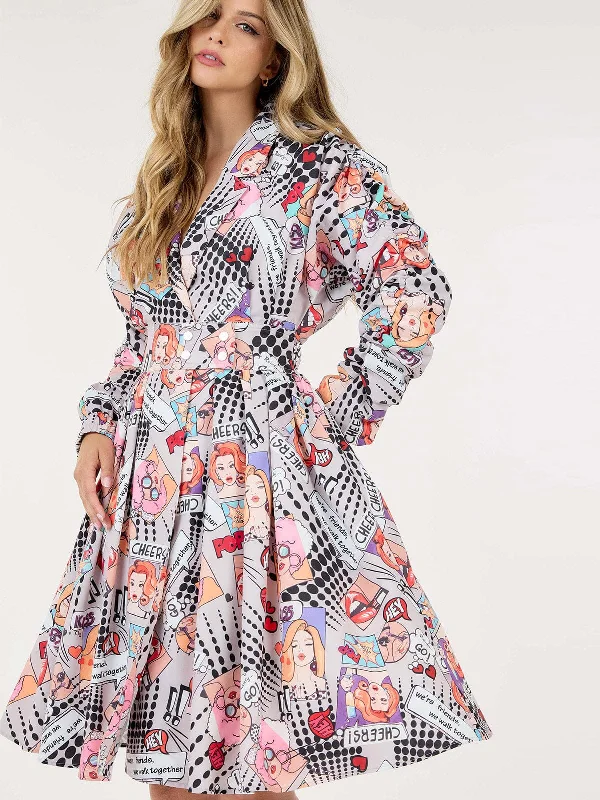 Elegant Simplicity Wardrobe WOMEN'S LONG RUCHED SLEEVE FRONT POCKETS MULTI PRINT WRAP MINI DRESS