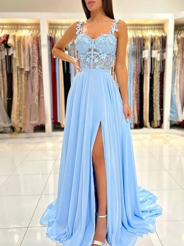 Women’s Trendy Outfits Sweetheart Neck Blue Lace Floral Long Prom Dresses with High Slit, Blue Lace Formal Graduation Evening Dresses SP2539