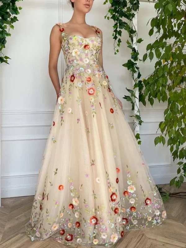 Women’s Clothes for All-Day Comfort and Style A Line Champagne Tulle Floral Long Prom Dresses, Champagne Formal Graduation Evening Dresses with 3D Flowers SP2630