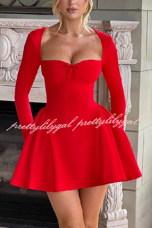 Trendy Boutique Online Paris Dream Sweetheart Knotted Neck Long Sleeve Stretch Mini Dress