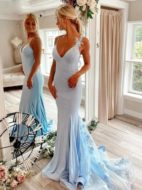 High-End Women’s Apparel Open Back V Neck Mermaid Blue Floral Long Prom Dresses, Mermaid Blue Formal Evening Dresses with Flowers SP2515