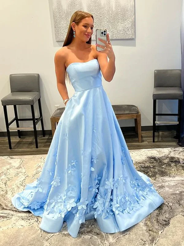 Luxury Women’s Fashion Strapless Light Blue Satin Long Prom Dresses with 3D Flowers, Long Light Blue Floral Formal Graduation Evening Dresses SP2365