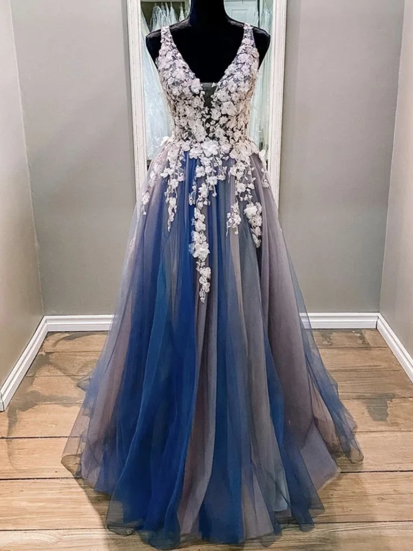 Trendy Casual Outfits A Line V Neck Blue Lace Floral Long Prom Dresses, Blue Lace Formal Evening Dresses with Appliques