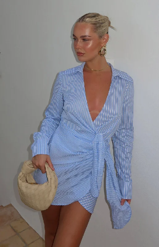 Unleash Your Fashion Holly Blue Stripe Tie Up Shirt Mini Dress