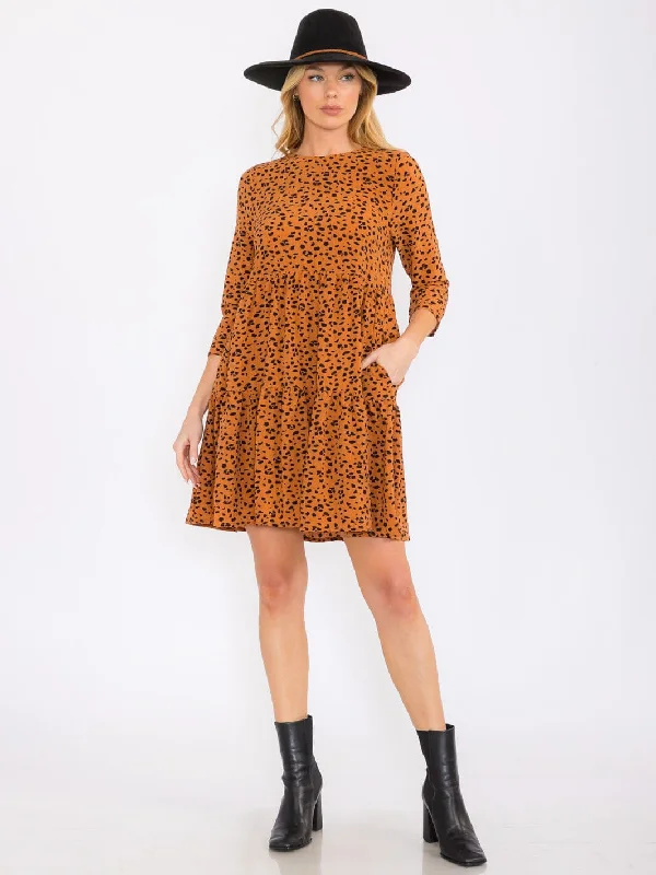 Exclusive Sale WOMEN'S 3/4 SLEEVES TIERED FRONT POCKETS ANIMAL PRINT TUNIC MINI DRESS