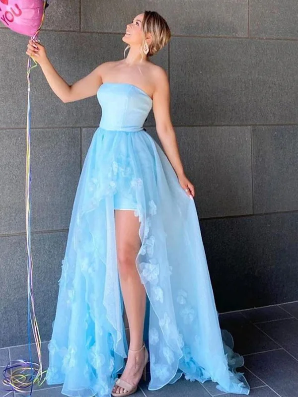 Women’s High Street Fashion High Low Strapless Light Blue Floral Long Prom Dresses with Slit, High Slit Light Blue Formal Evening Dresses