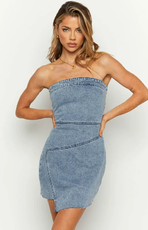 Trend Forward Threads Jasmine Mid Wash Denim Wrap Front Mini Dress