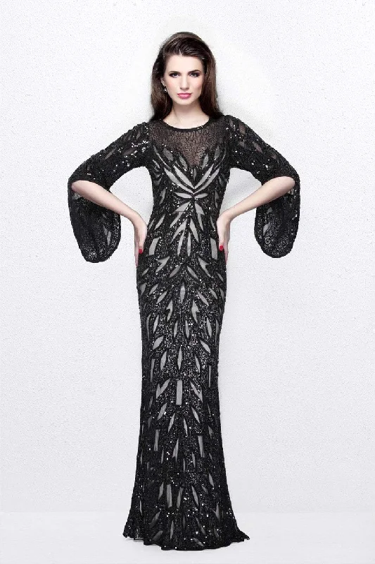 Everyday Wear Primavera Couture 1717 Sequined Bell Sleeves Contrast Illusion Sheath Gown - 1 pc Black In Size 4 Available